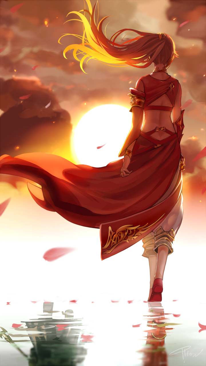 1boy, 1girl, blonde_hair, boots, bracelet, choker, different_reflection, dress, final_fantasy, final_fantasy_xiv, from_behind, highres, jewelry, long_hair, lyse_(ffxiv), open-back_dress, pants, papalymo, petals, ponytail, red_dress, red_footwear, reflection, spoilers, staff, sunset, thigh-highs, thigh_boots, walking, water, white_pants, wind, yda_(ff14)