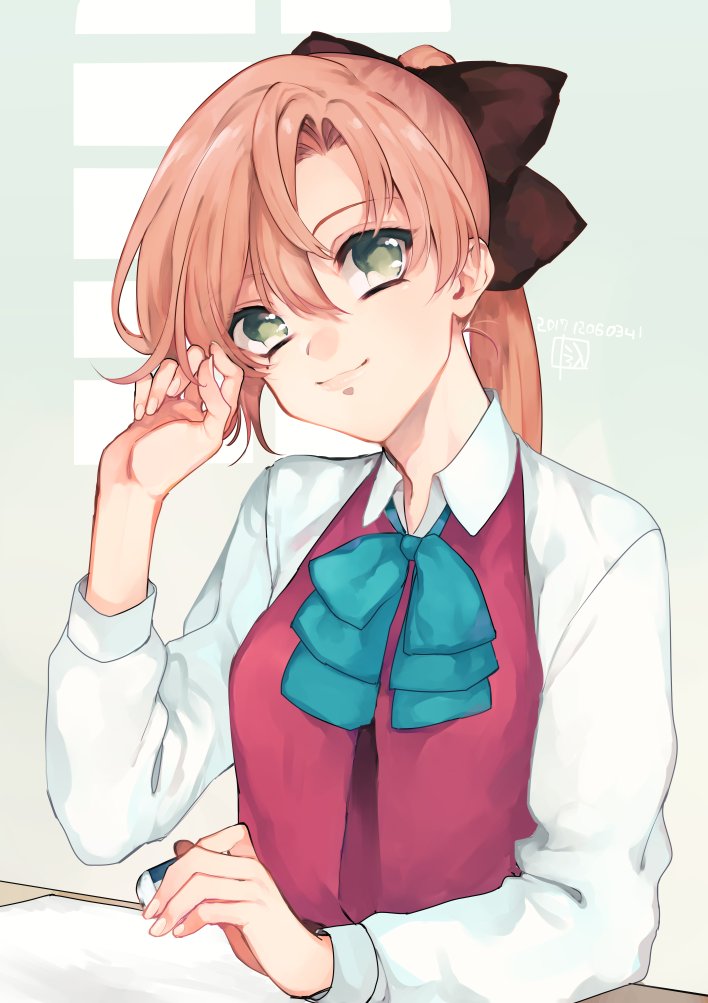 1girl, akigumo_(kantai_collection), black_ribbon, brown_hair, eraser, green_eyes, hair_ribbon, halterneck