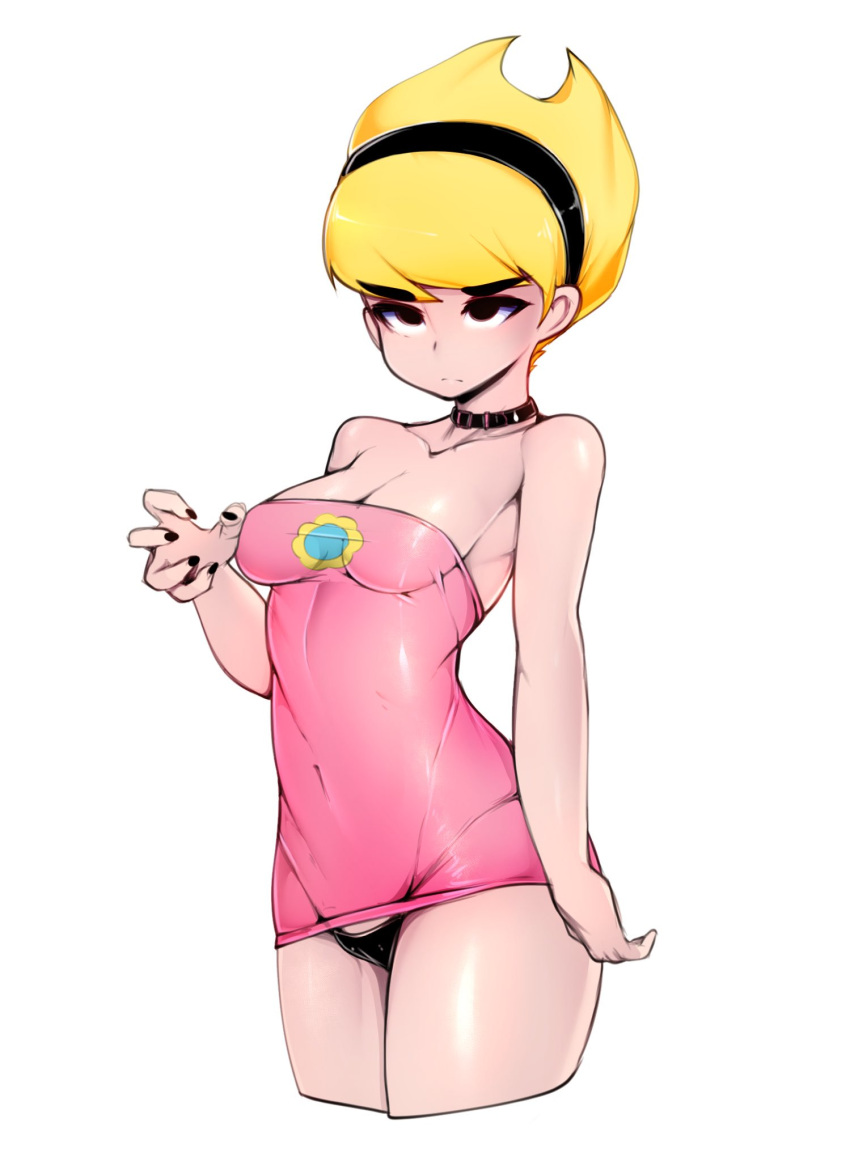 1girl, black_eyes, black_panties, blonde_hair, breasts, choker, cleavage, closed_mouth
