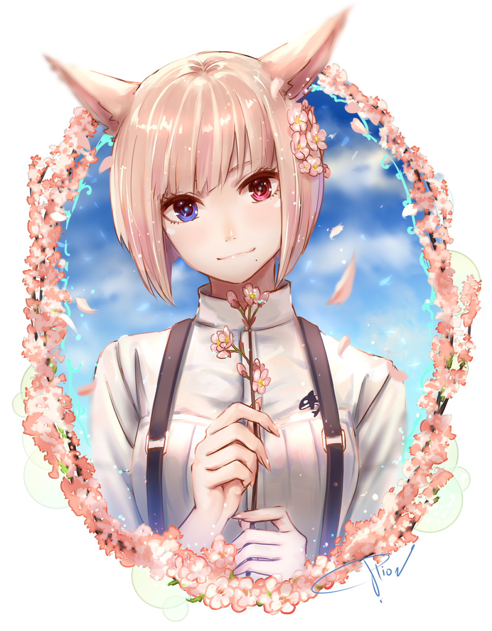 1girl, animal_ears, blonde_hair, cat_ears, final_fantasy, final_fantasy_xiv, flower, head_tilt, heterochromia, highres, looking_at_viewer, miqo'te, mole, mole_under_mouth, petals, potion_lilac(popopotionu), short_hair, smile, solo, suspenders, wind