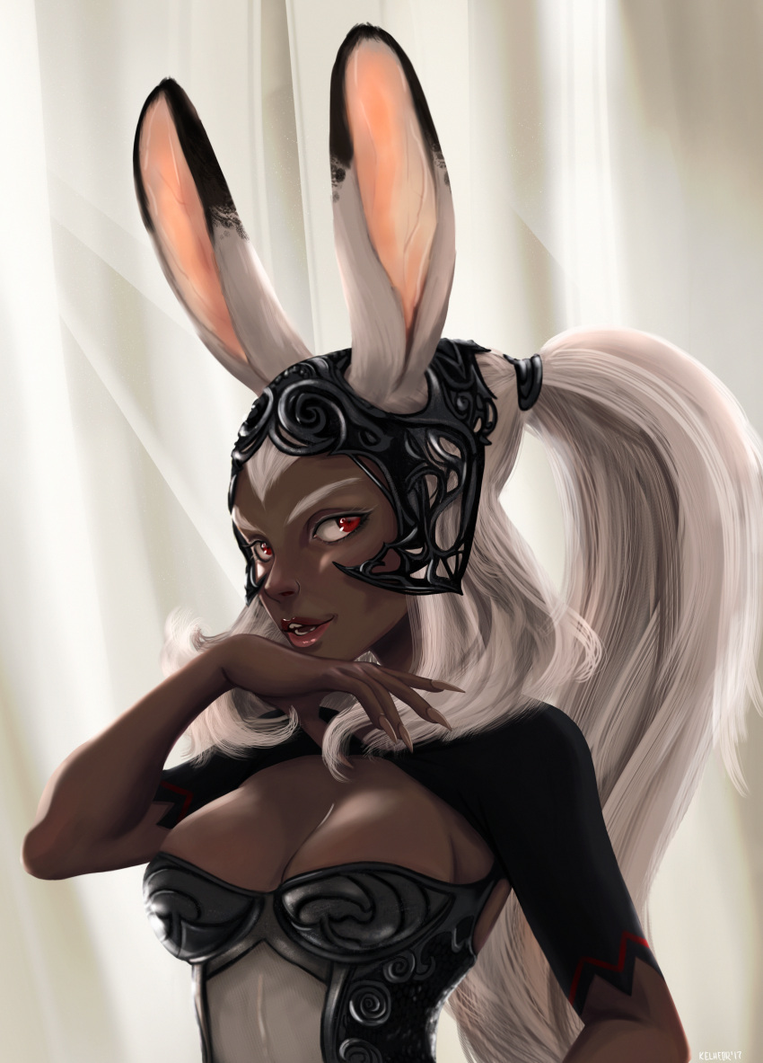 1girl, absurdres, animal_ears, breasts, cleavage, dark_skin, ears_through_headwear, eugenia_beilschmidt