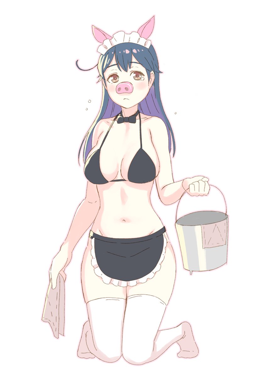 1girl, alternate_costume, animal_ears, apron, black_hair, blush, breasts, brown_eyes