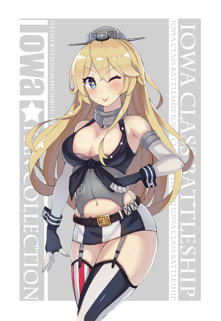 1girl, american_flag_legwear, belt, blonde_hair, blue_eyes, breasts, character_name, cleavage