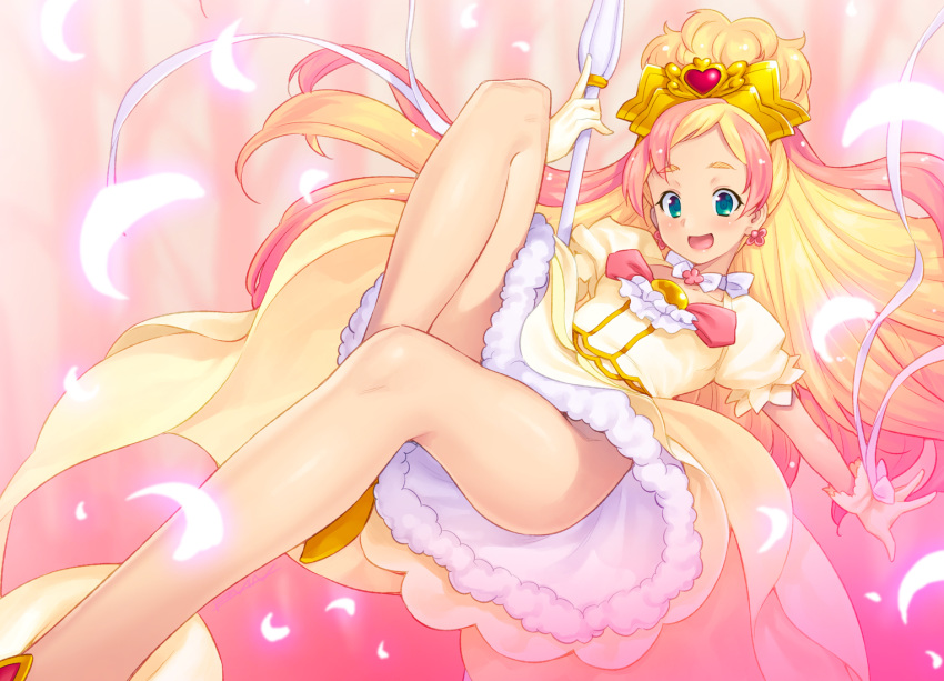 1girl, bare_legs, blonde_hair, blue_eyes, blush, cure_flora, dress, earrings