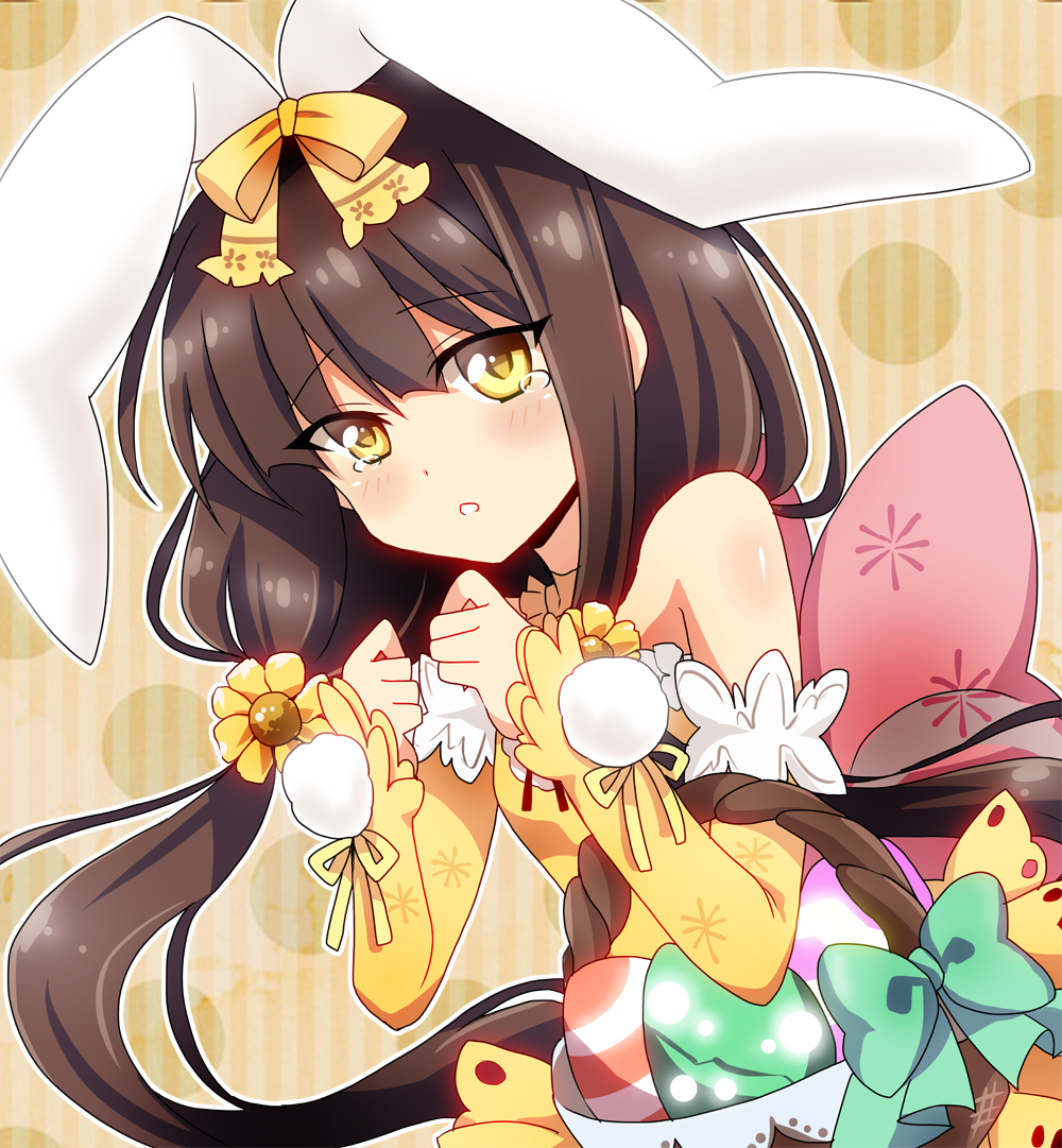 1girl, animal_ears, basket, bow, brown_hair, detached_sleeves, easter, easter_egg