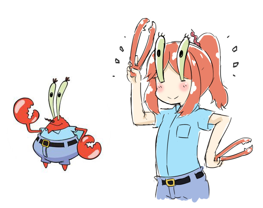 /\/\/\, 1boy, 1girl, blush, commentary_request, crab, eugene_h._krabs, genderswap