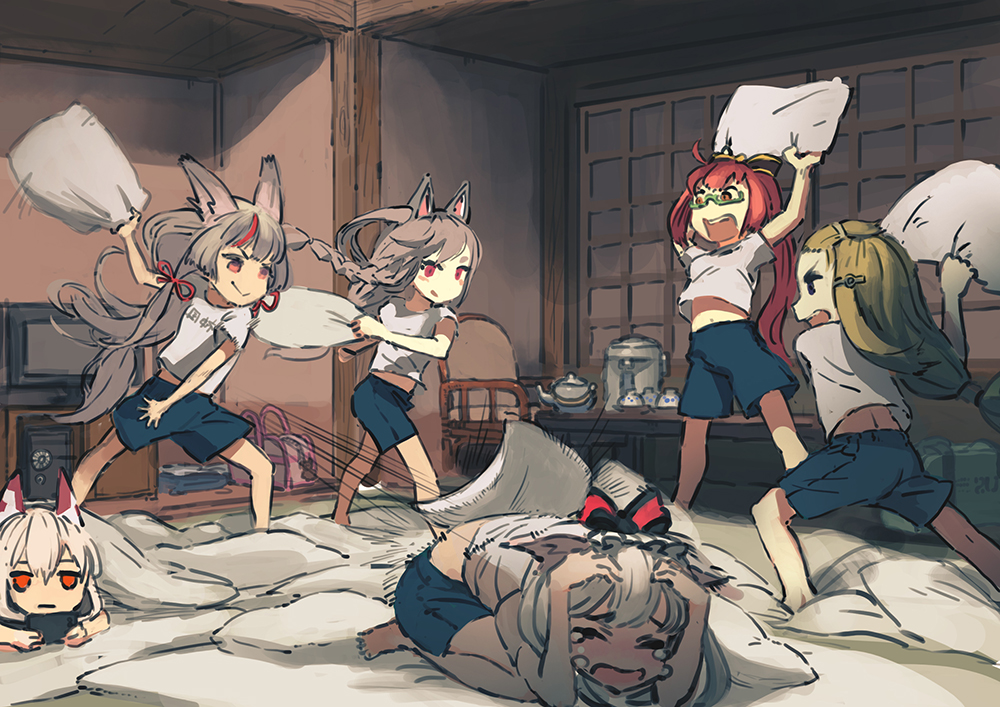6+girls, ahoge, animal_ears, ayanami_(azur_lane), azur_lane, blonde_hair, blue_shorts, blush_stickers