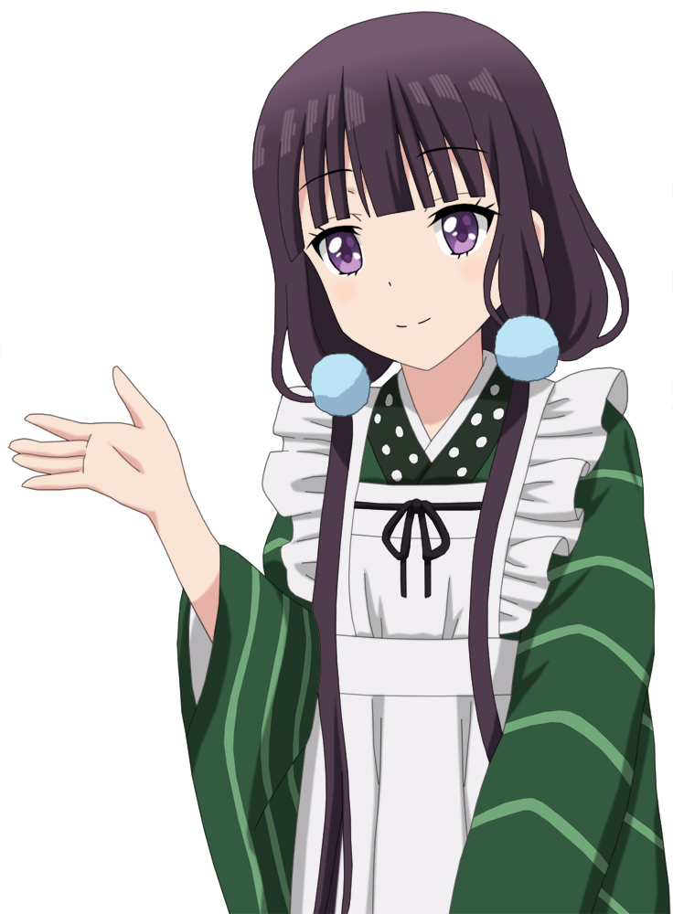 1girl, ama_usa_an_uniform, apron, bangs, blend_s, blue_scrunchie, blunt_bangs, blush, closed_mouth, commentary_request, cosplay, cp9a, eyebrows_visible_through_hair, flat_chest, gochuumon_wa_usagi_desu_ka?, green_kimono, hair_ornament, hair_scrunchie, japanese_clothes, kimono, long_hair, long_sleeves, looking_at_viewer, low_twintails, maid_apron, polka_dot_trim, purple_hair, sakuranomiya_maika, scrunchie, simple_background, smile, solo, striped, striped_kimono, twintails, ujimatsu_chiya, ujimatsu_chiya_(cosplay), upper_body, violet_eyes, white_apron, white_background, wide_sleeves