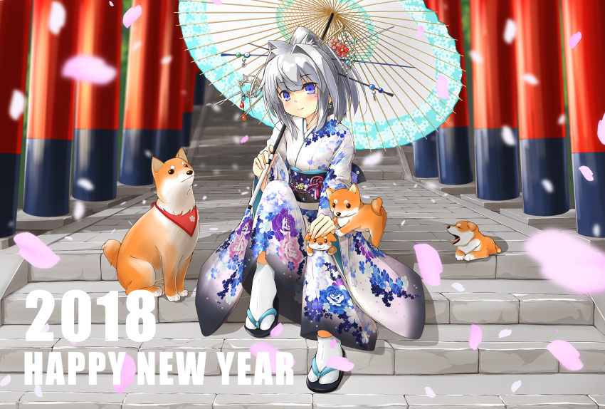 2018, animal, animal_on_lap, blue_eyes, blush, dog, earrings, hair_intakes