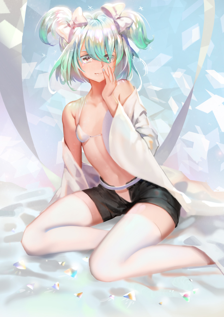 absurdres, androgynous, aqua_hair, arm_support, bangs, bare_shoulders, bed_sheet, bikini_top