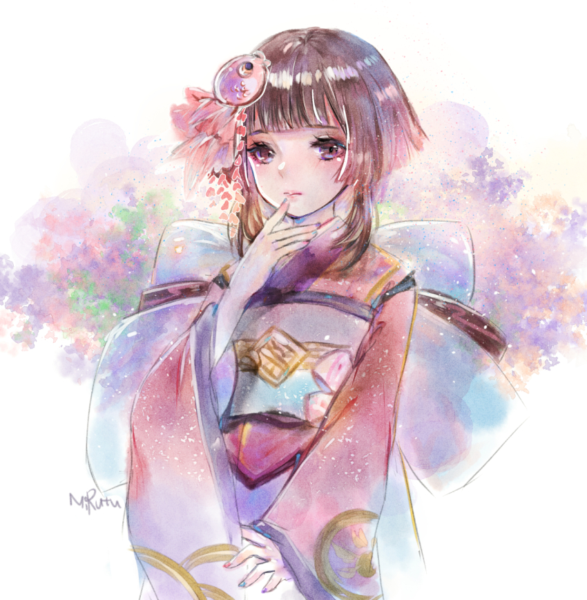 1girl, bangs, blue_nails, blunt_bangs, brown_eyes, brown_hair, fingernails, hair_ornament, japanese_clothes, kagura_(onmyoji), kimono, long_sleeves, looking_at_viewer, mirutu, multicolored, multicolored_nail_polish, nail_polish, obi, onmyoji, red_kimono, sash, short_hair, simple_background, solo, upper_body