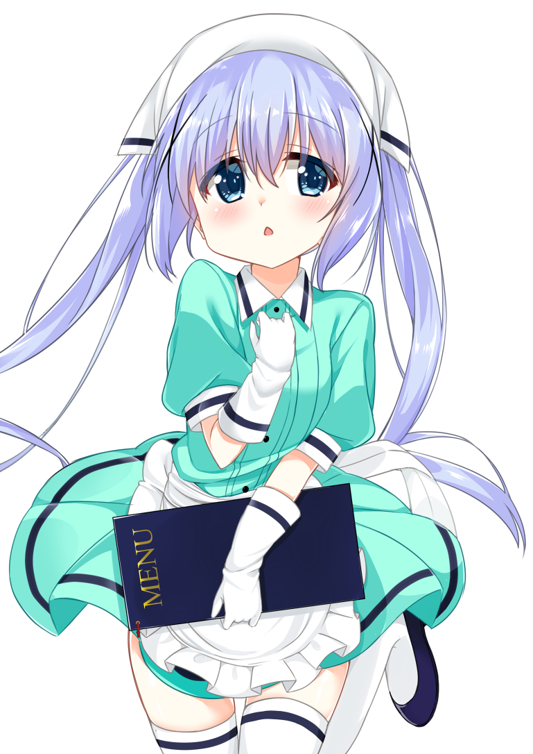 1girl, apron, aqua_shirt, aqua_skirt, bangs, blend_s, blue_eyes, blush