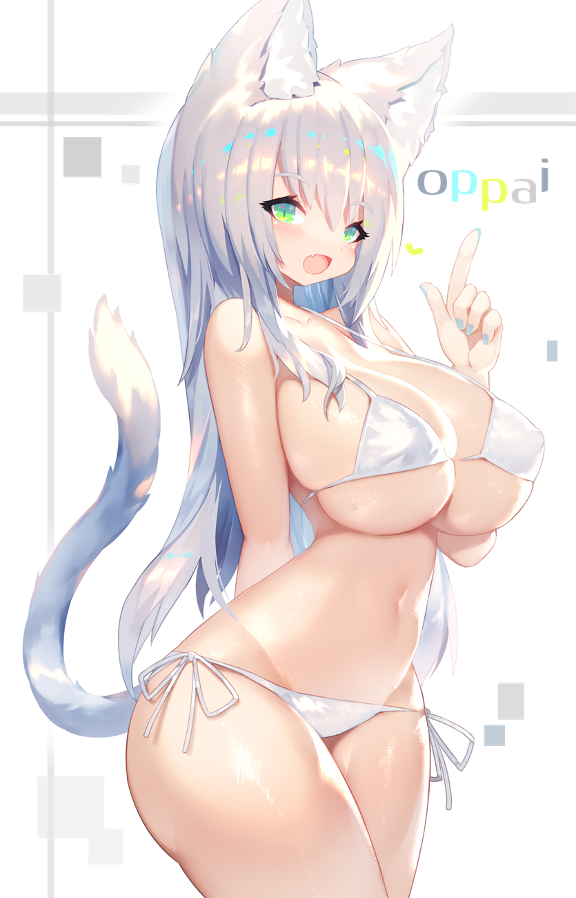 1girl, :d, animal_ears, arm_behind_back, bangs, bare_arms, bare_shoulders, bikini