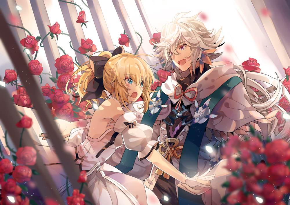 1boy, 1girl, artoria_pendragon_(all), black_bow, blonde_hair, blue_eyes, bow, capelet