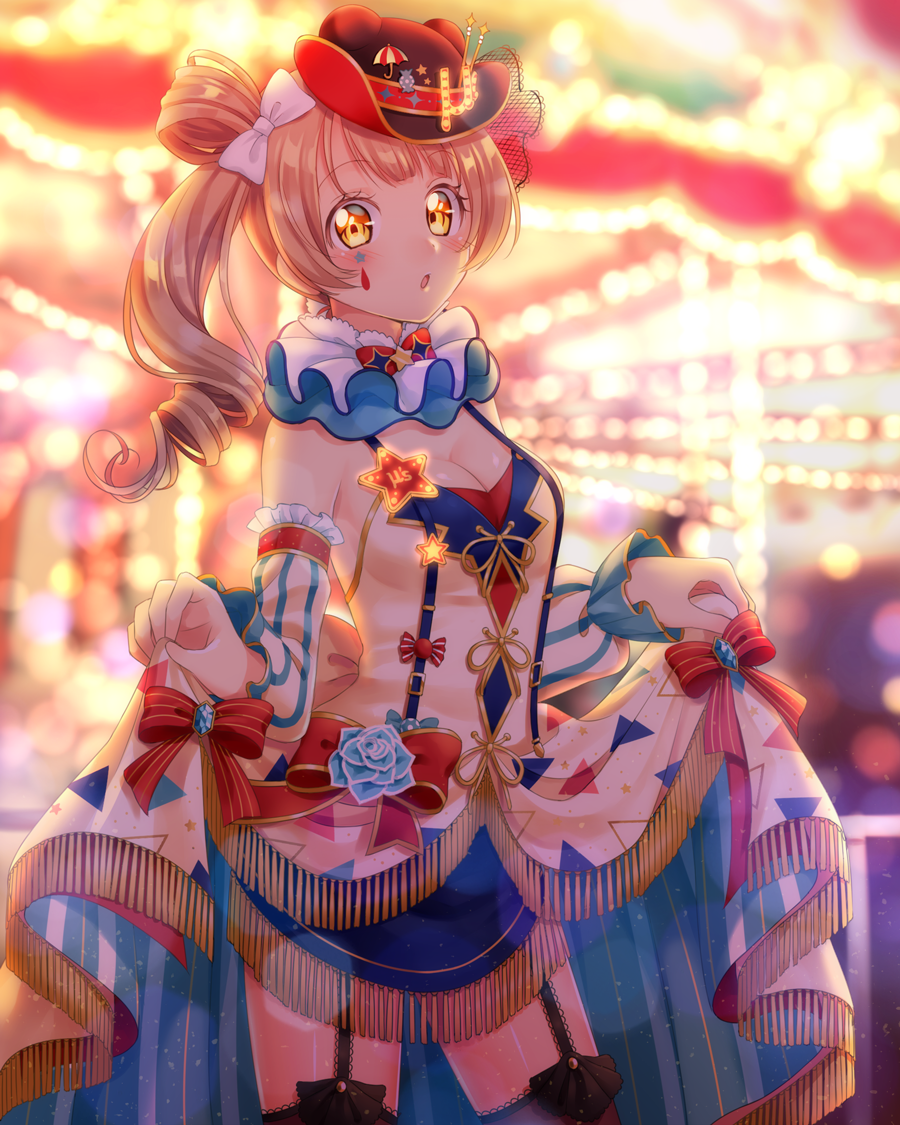 1girl, black_legwear, blonde_hair, bow, bowl, bowl_hat, bra, festival