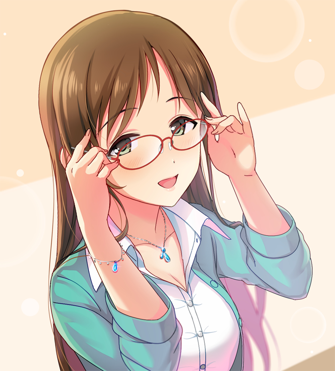 1girl, :d, adjusting_eyewear, aqua_jacket, bracelet, breasts, brown_hair, cleavage