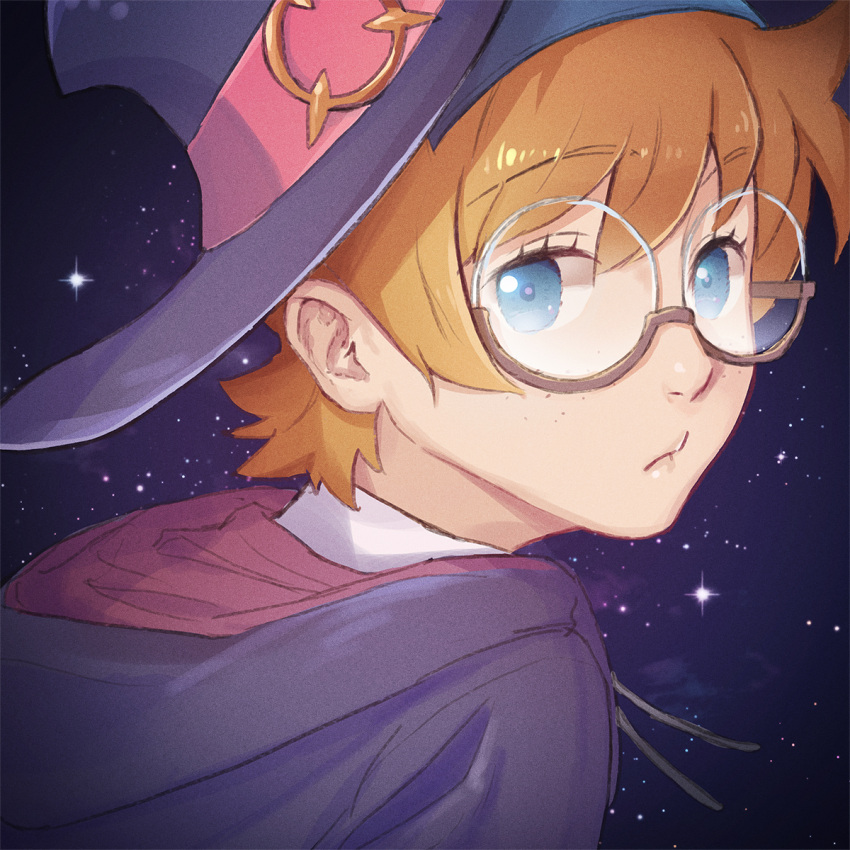 blue_eyes, brown-framed_eyewear, freckles, glasses, hat, highres, koban7513, little_witch_academia, looking_at_viewer, lotte_jansson, orange_hair, portrait, school_uniform, short_hair, sky, star_(sky), starry_sky, under-rim_eyewear, witch_hat