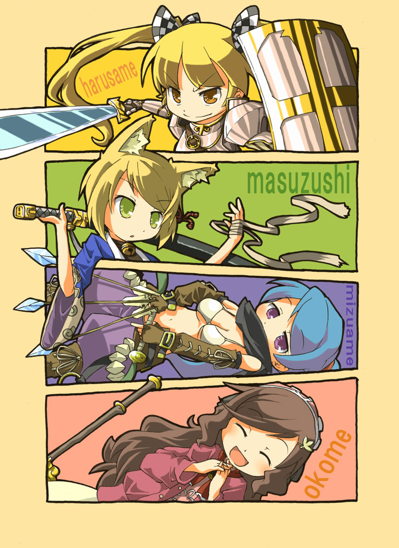7th_dragon, animal_ears, ara_ta, arrow, bad_id, blonde_hair, blue_hair, bow