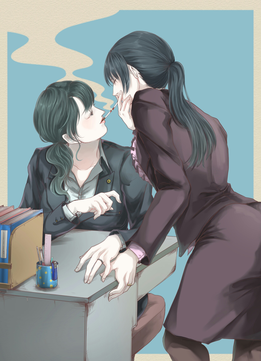 2girls, ass, bangs, black_eyes, black_hair, black_legwear, cigarette, cigarette_kiss
