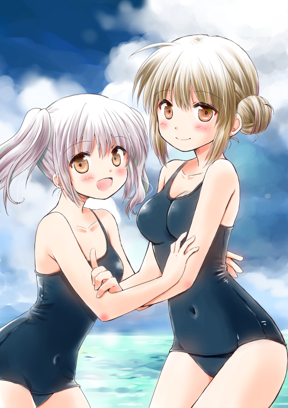 2girls, :d, bangs, bare_arms, bare_shoulders, blue_sky, blush, breasts, brown_eyes, closed_mouth, clouds, cloudy_sky, collarbone, commentary_request, covered_navel, day, eyebrows_visible_through_hair, hair_between_eyes, hair_bun, horizon, light_brown_hair, long_hair, looking_at_viewer, medium_breasts, minami_kawa, multiple_girls, ocean, old_school_swimsuit, open_mouth, original, outdoors, school_swimsuit, side_bun, side_ponytail, sidelocks, silver_hair, sky, small_breasts, smile, swimsuit