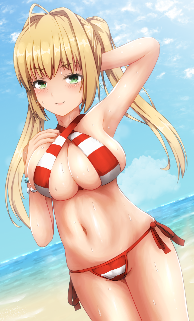 1girl, ahoge, arm_behind_head, arm_up, armpits, bangs, bikini, blonde_hair