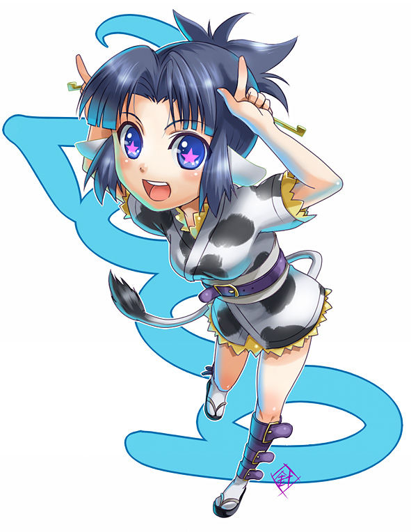 belt, blue_eyes, blue_hair, blush, cow, hariyama_(pixiv320286), hariyama_(toubou_tengoku), original, short_hair, tail