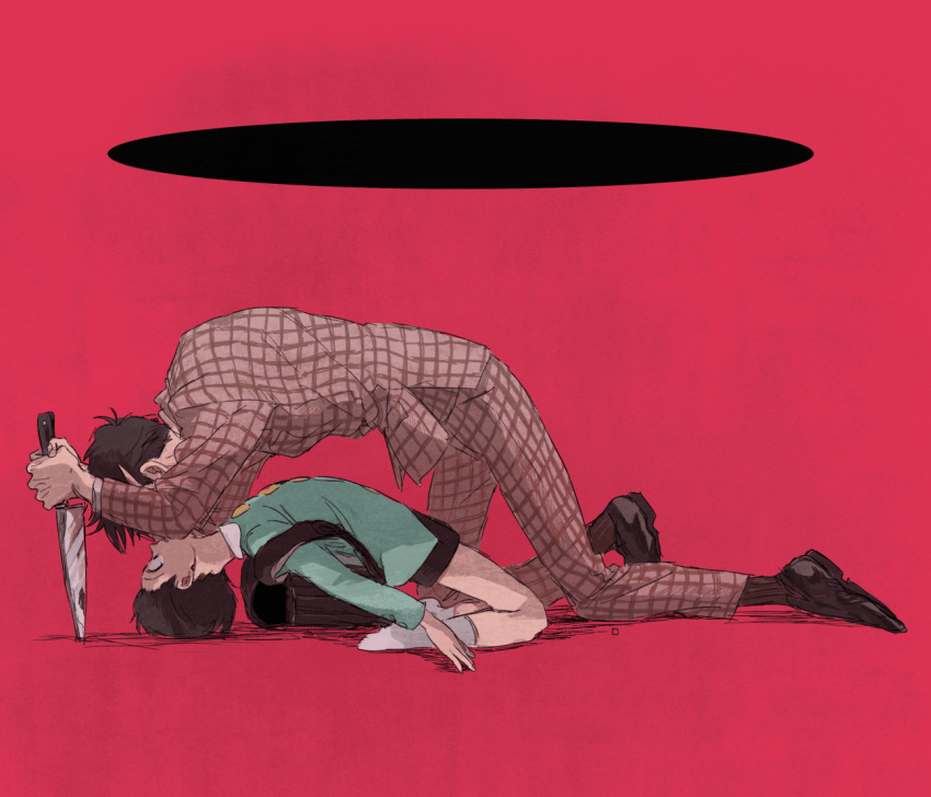 2boys, arched_back, backpack, bag, boy_on_top, formal, kneeling, knife