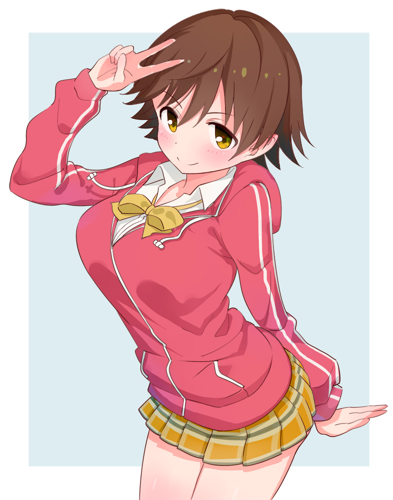 1girl, breasts, brown_eyes, brown_hair, honda_mio, hood, hooded_jacket, idolmaster