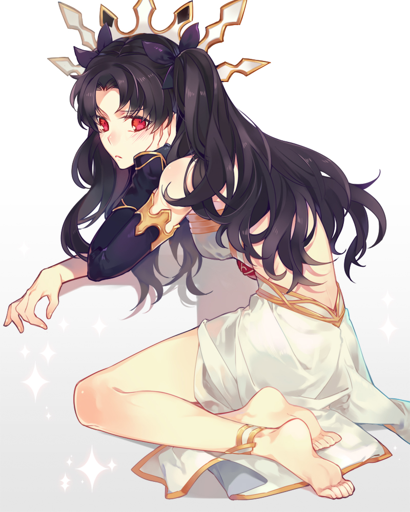1girl, black_hair, black_ribbon, fate/grand_order, fate_(series), hair_ribbon, inru, ishtar_(fate/grand_order), long_hair, looking_at_viewer, red_eyes, ribbon, sitting, solo, tohsaka_rin