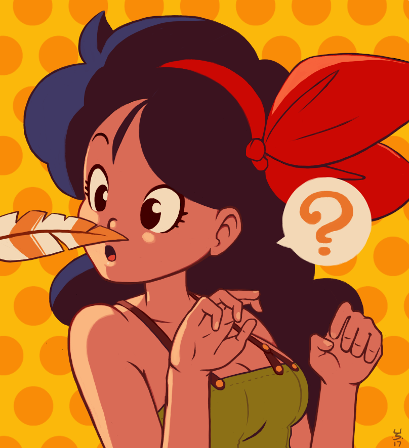 1girl, ?, blue_hair, breasts, cleavage, dragon_ball, feathers, hair_ribbon