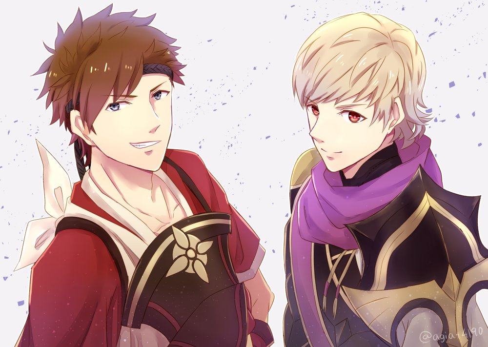 2boys, blonde_hair, brown_hair, fire_emblem, fire_emblem_if, grin, kazame, multiple_boys