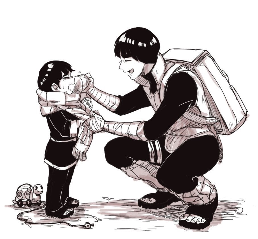 2boys, backpack, bag, boruto:_naruto_next_generations, child, chinese_clothes, closed_eyes, crying, father_and_son, leg_warmers, male_focus, metal_lee, monochrome, multiple_boys, naruto, rock_lee, sandals, scarf, squatting, toy, younger