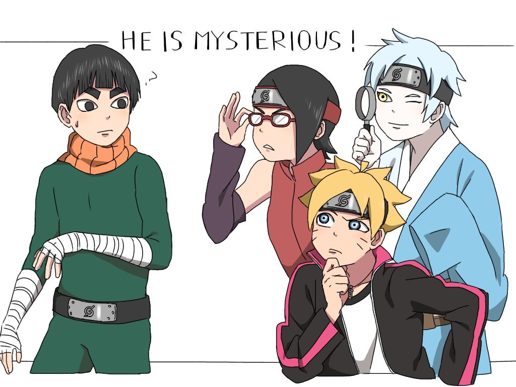 ?, adjusting_eyewear, bandage, black_hair, blonde_hair, blue_eyes, blue_hair, boruto:_naruto_next_generations, bowl_cut, detached_sleeves, glasses, headband, japanese_clothes, looking_at_another, magnifying_glass, metal_lee, mitsuki_(naruto), naruto, one_eye_closed, pale_skin, sleeves_past_wrists, smile, sweatdrop, uchiha_sarada, uzumaki_boruto, yellow_eyes