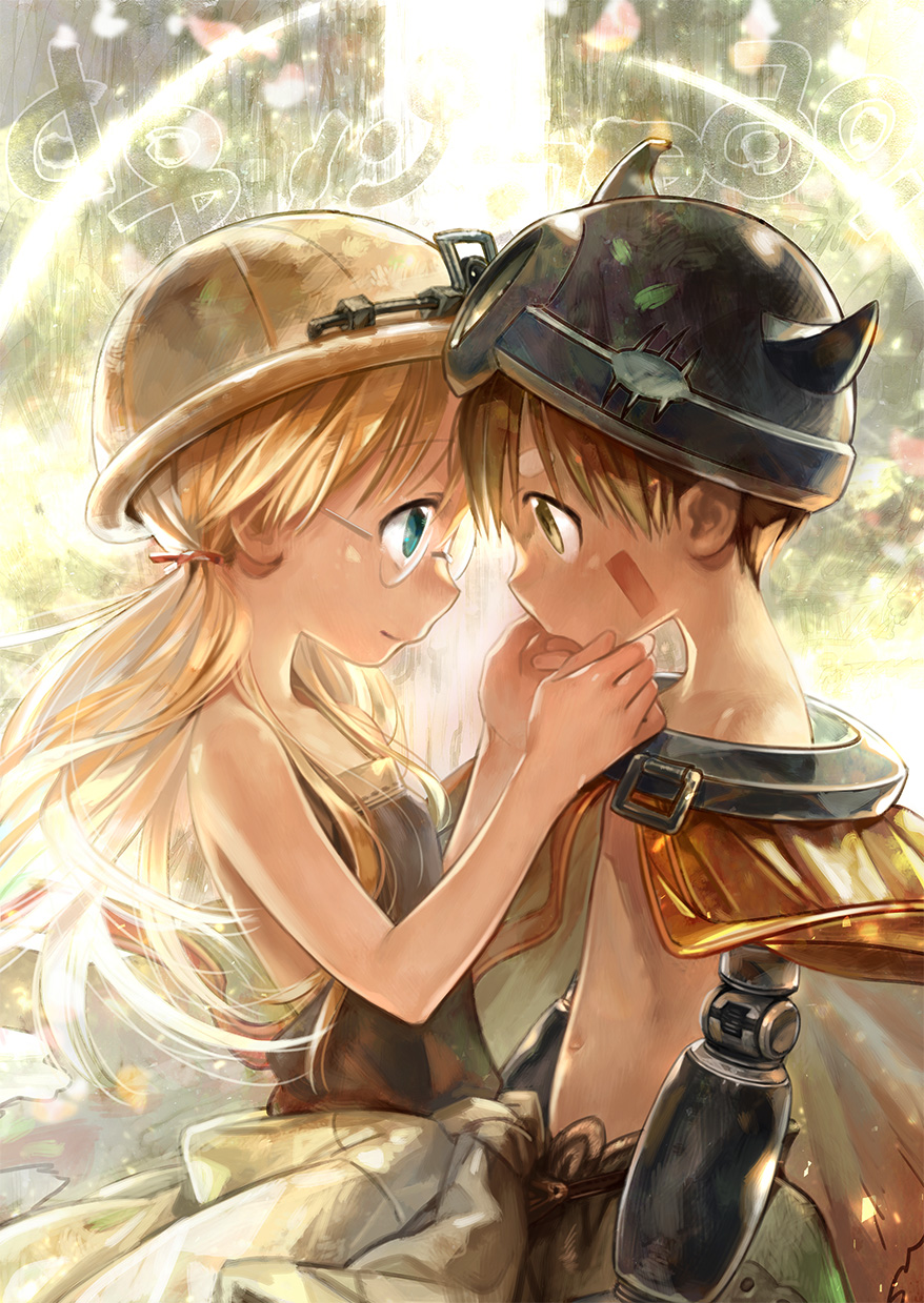 1boy, 1girl, bare_shoulders, black_shirt, blonde_hair, blue_eye, brown_eyes, brown_hair