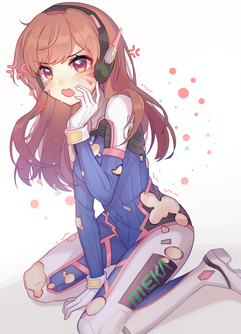 1girl, 3:, :o, anger_vein, arm_support, bangs, between_thighs, blue_bodysuit