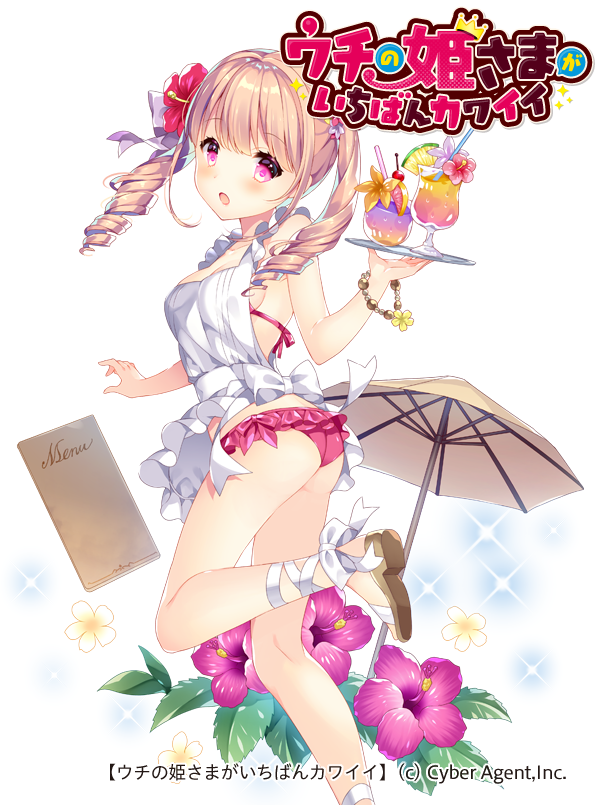apron, beach_umbrella, blonde_hair, bow, bracelet, cherry, cup, curly_hair, drinking_glass, drinking_straw, flower, food, fruit, grapefruit_slice, hair_flower, hair_ornament, hibiscus, holding, holding_tray, jewelry, menu, official_art, pineapple_slice, pink_eyes, plumeria, sandals, swimsuit, tray, tropical_drink, twintails, uchi_no_hime-sama_ga_ichiban_kawaii, umbrella, valletta_ribbon, wasabi_(sekai), white_bow