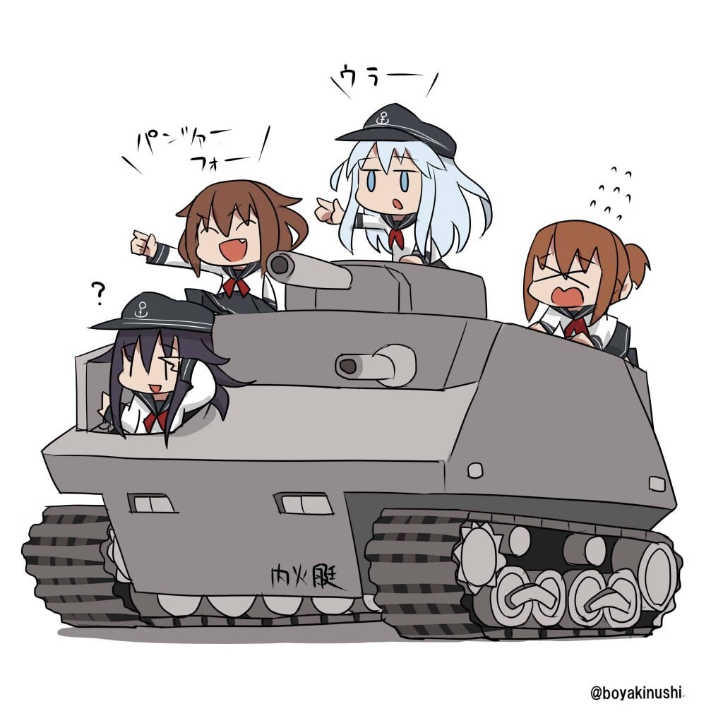 >_<, 4girls, akatsuki_(kantai_collection), anchor_symbol, brown_hair, caterpillar_tracks, flat_cap, folded_ponytail