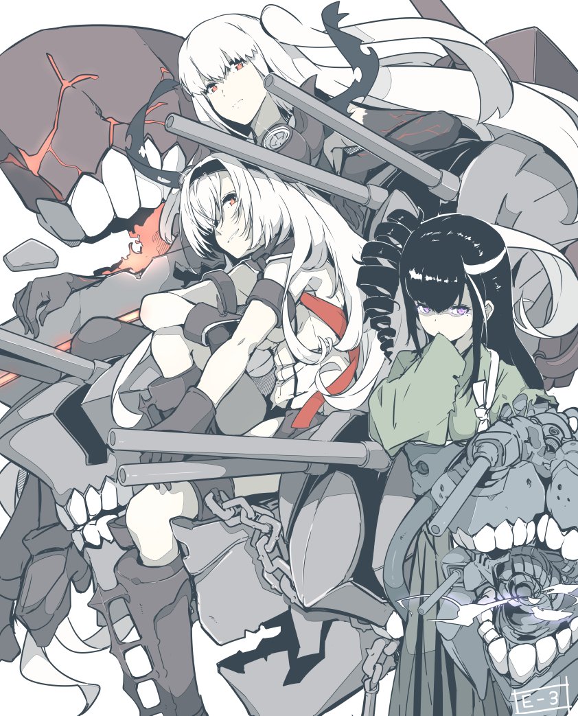 3girls, air_defense_hime, aircraft_carrier_hime, ancient_destroyer_hime, bangs, black_footwear, black_hair, boots