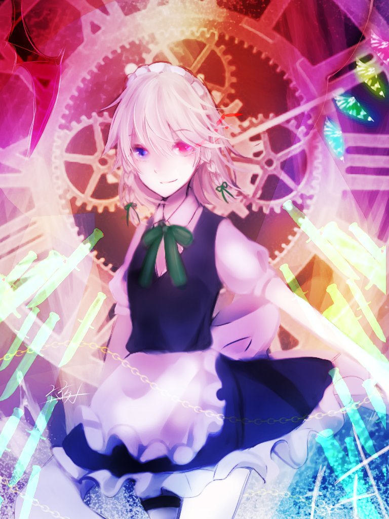 1girl, apron, blue_eyes, braids, chain, collar, frills, gears, heterochromia, izayoi_sakuya, maid_headgear, red_eyes, ribbon, skirt, touhou, white_hair