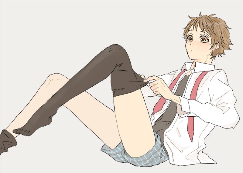 1boy, :o, boxers, brown_eyes, brown_hair, dressing, ensemble_stars!, grey_background