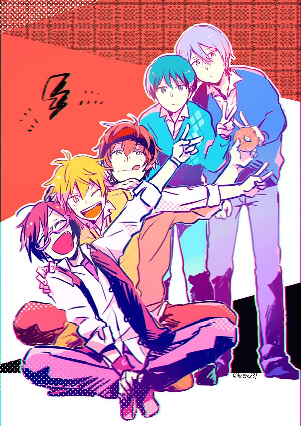 5boys, :d, ;d, akiyama_hayato, closed_eyes, doughnut, fang, food