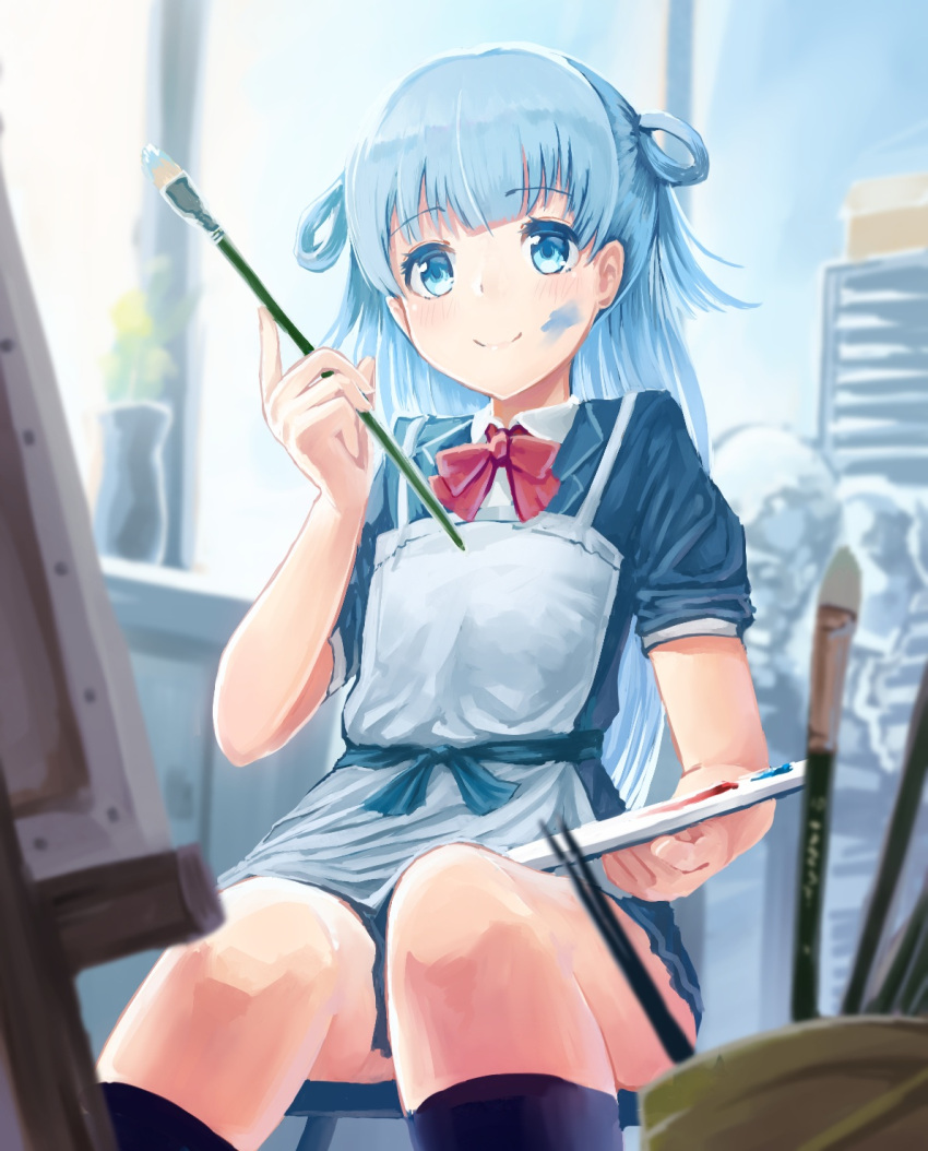 1girl, apron, bangs, black_legwear, blue, blue_blazer, blue_eyes, blue_hair