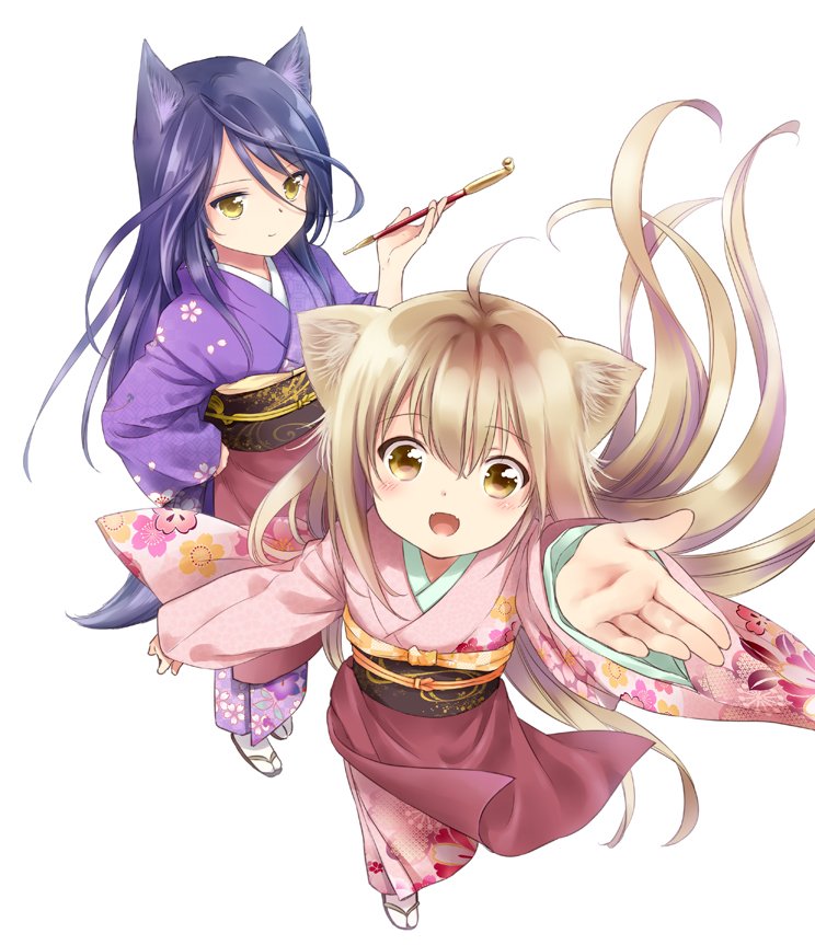 2girls, :d, ahoge, amano_sakuya, animal_ears, black_hair, blonde_hair, brown_eyes