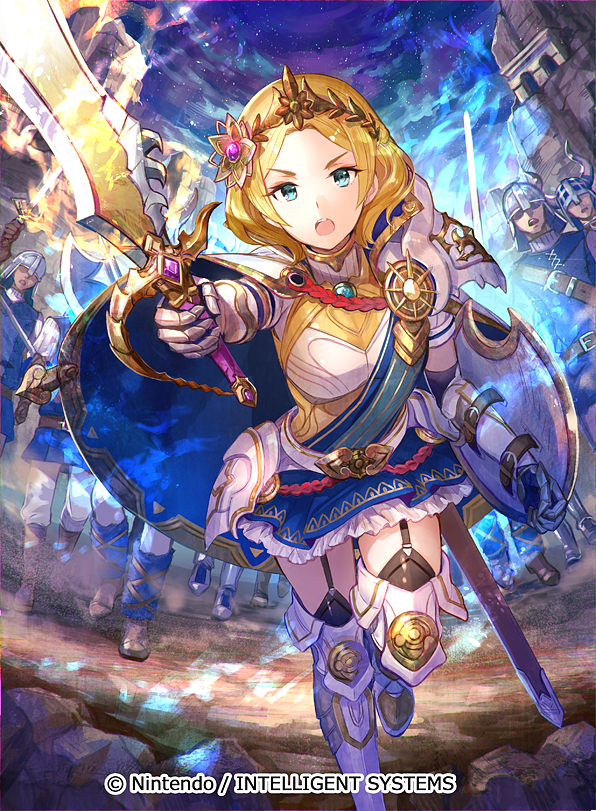 1girl, armor, blonde_hair, blue_eyes, cape, commentary_request, company_connection, copyright_name