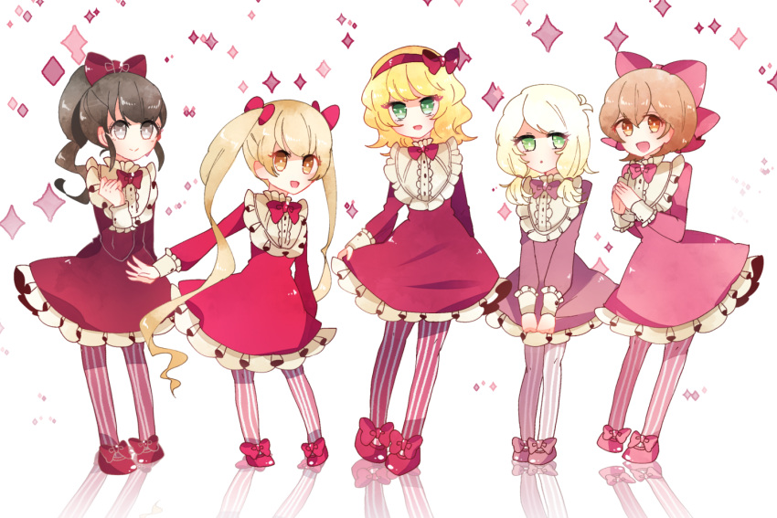 5girls, blonde_hair, bow, brown_hair, diamond_(symbol), dress, green_eyes, hair_ornament