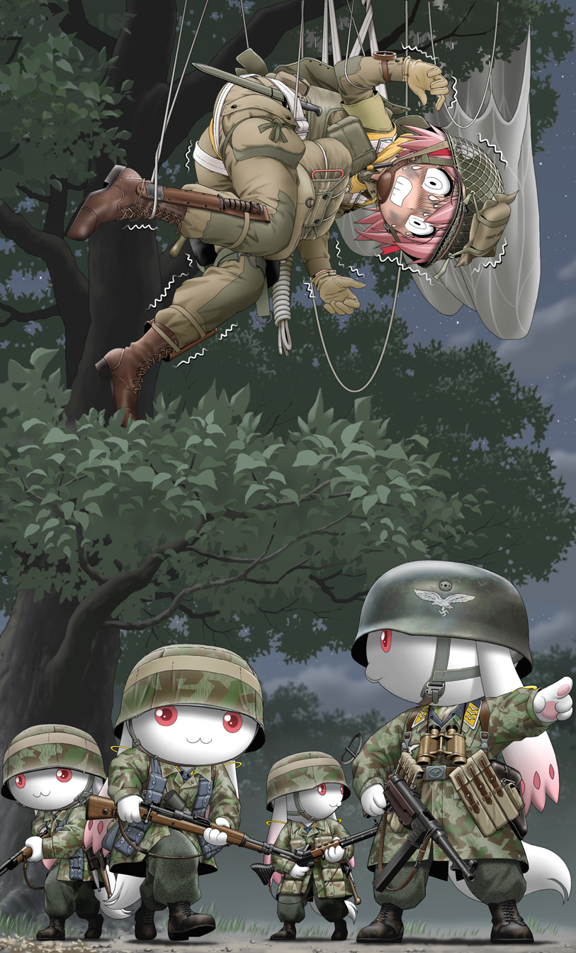 101st_airborne, 1girl, battle_rifle, bolt_action, dangling, fallschirmjager, fg42, gloves
