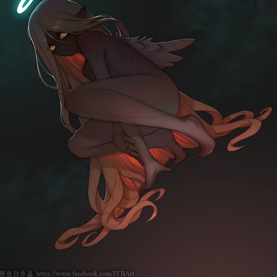 1girl, angel, between_legs, blonde_hair, chinese, closed_mouth, dark_skin, dutch_angle