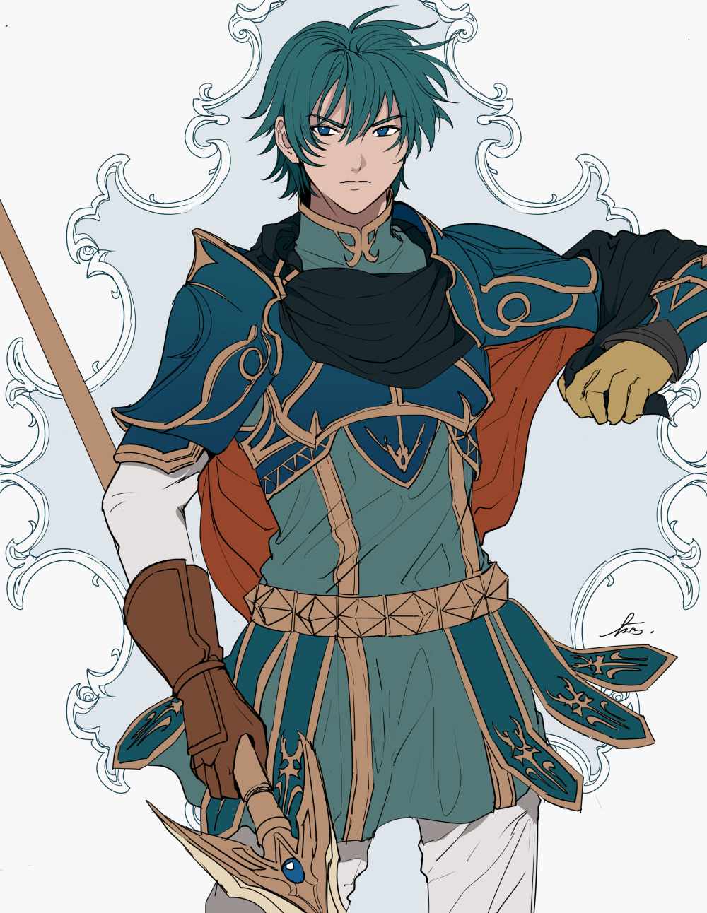 1boy, armor, blue_eyes, breastplate, cape, ephraim, fire_emblem, fire_emblem:_seima_no_kouseki