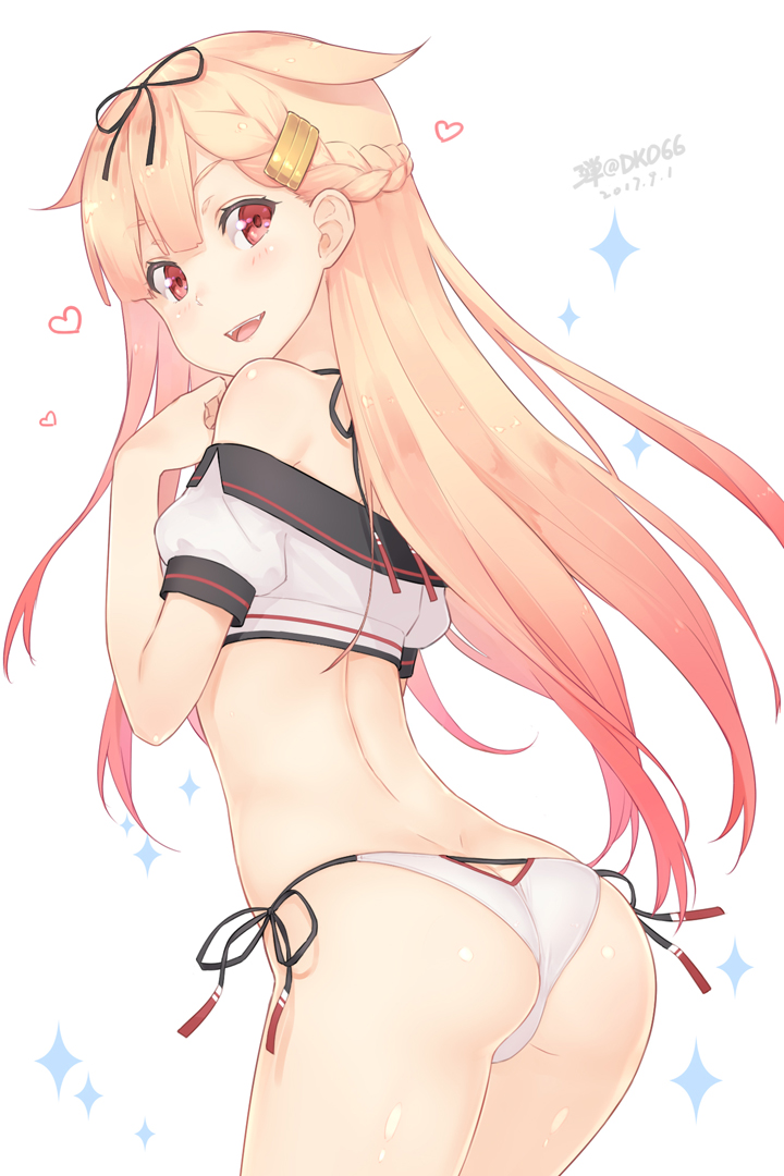 1girl, adapted_costume, ass, bare_shoulders, bikini, black_ribbon, blonde_hair, blush
