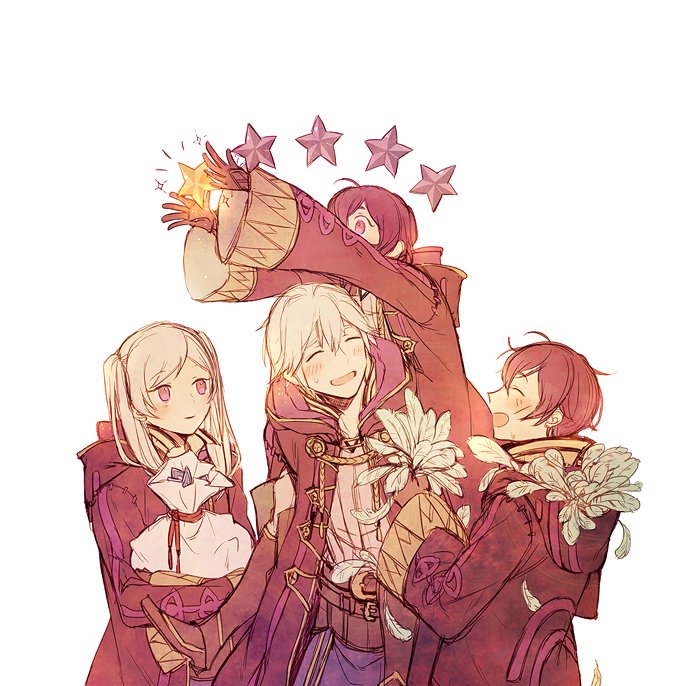 2boys, 2girls, a082, ahoge, blue_hair, blush, cape, carrying